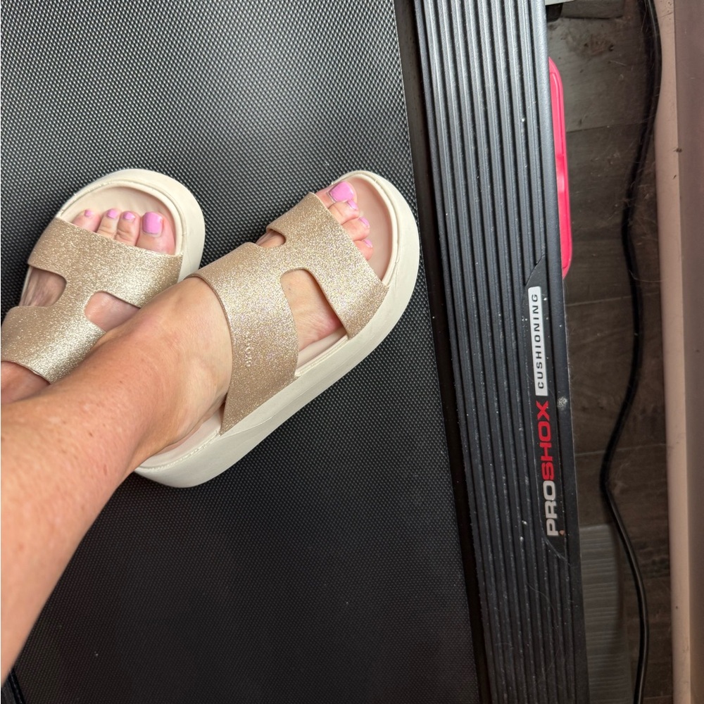 CROCS Glitter Slide Sandals in Gold and off white/cream